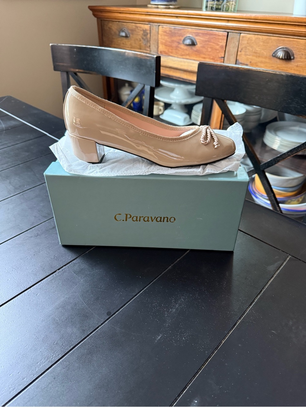 C. Paravano Patent Leather Mid Heel Pump in Taupe